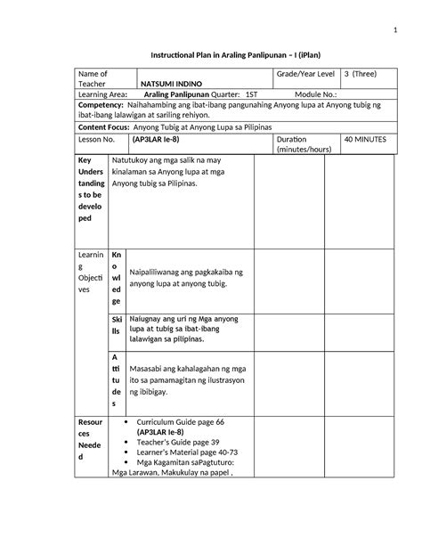 Demo Instructional Plan In Araling Panlipunan Indino Natsumi Bee 2a Instructional Plan In