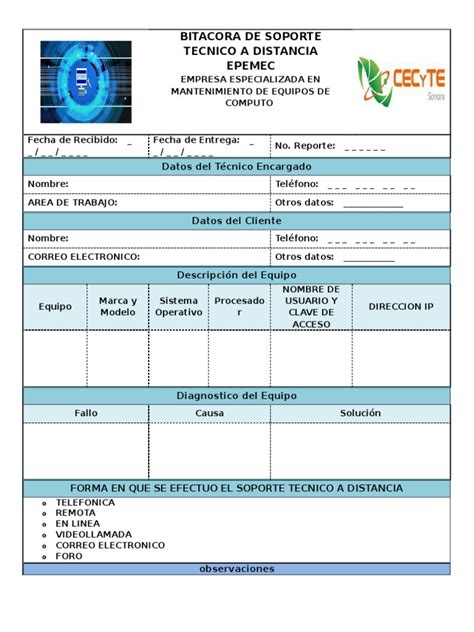 Bitacora De Soporte Tecnico A Distancia