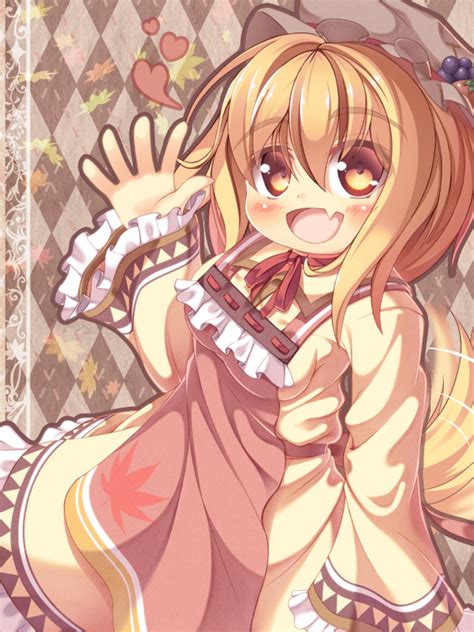 Safebooru 1girl Aki Minoriko Argyle Argyle Background Blonde Hair Blush Dragoner Fang Hat