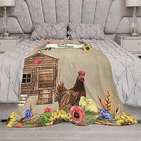 Farmhouse Rooster Blanket Farm Chicken Barn Throw Blankets For Couch