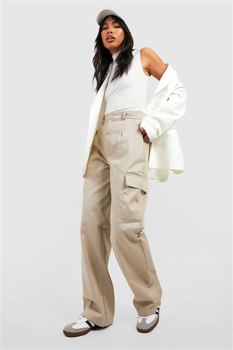 High Waisted Straight Leg Cargo Trousers Boohoo Uk