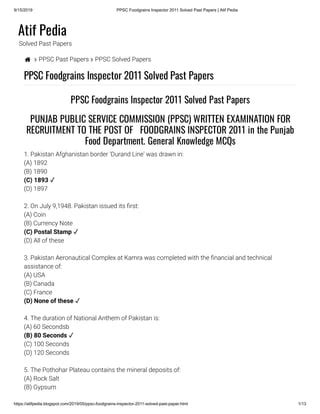 Ppsc Foodgrains Inspector Solved Past Papers Atif Pedia Pdf