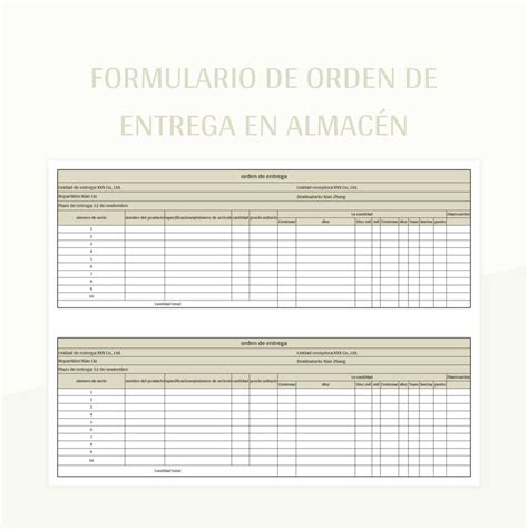 Plantilla De Formato Excel Formulario De Orden De Entrega En Almac N Y