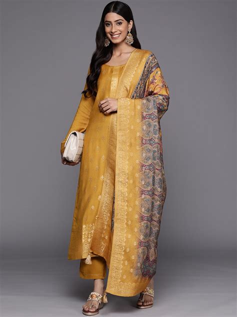 Buy Libas Women Mustard Yellow Floral Pashmina Wool Kurta With Trousers