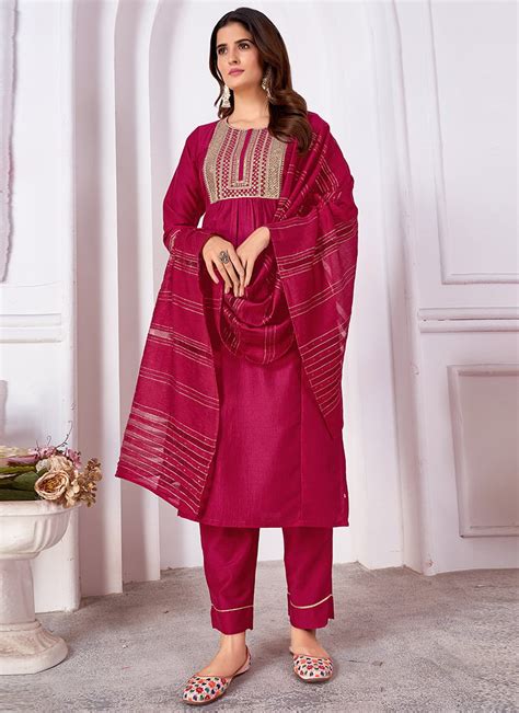 Buy Embroidered Silk Magenta Naira Cut Straight Pant Suit Festive Wear