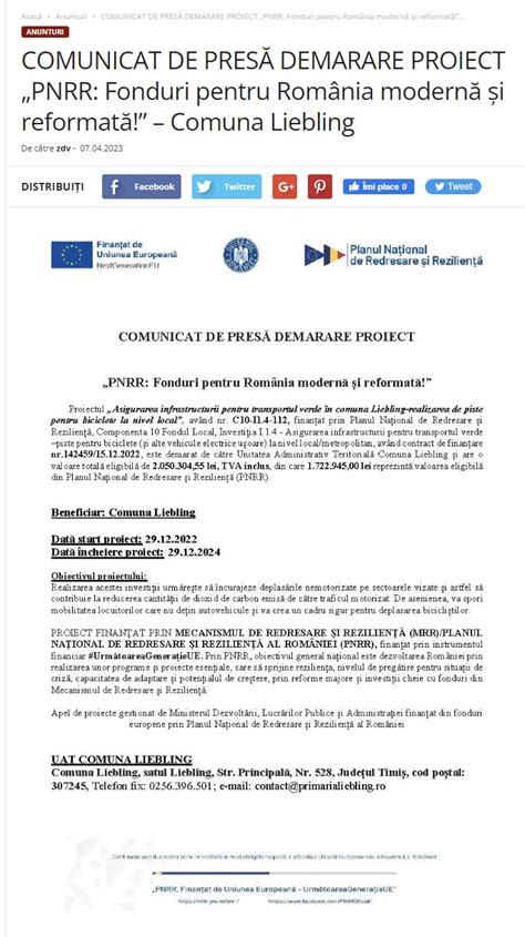 Comunicat de presă demarare proiect PNRR Fonduri pentru România