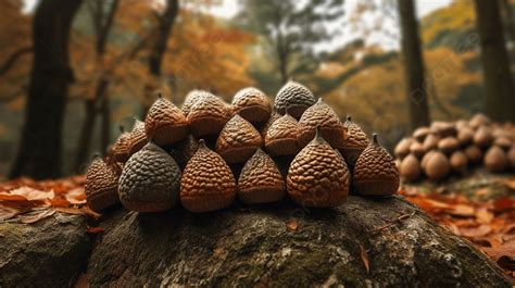 Pohon Musim Gugur Dengan Kerucut Pinus Di Daun Musim Gugur Berdiri Di