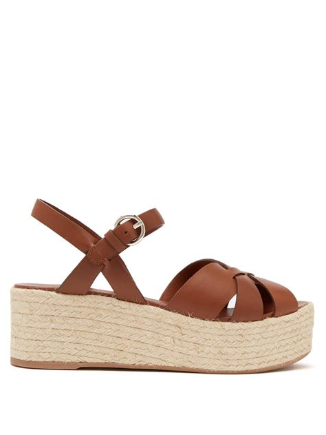 Prada Criss Cross Leather Wedge Espadrille Sandals In Brown Lyst