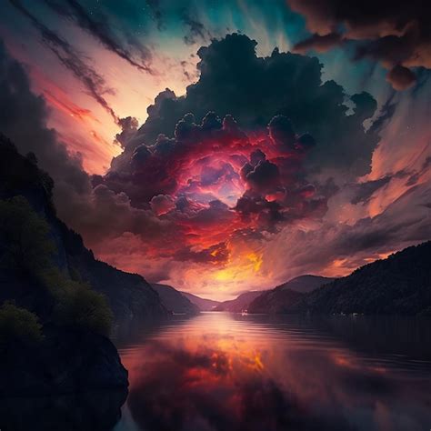 Premium AI Image | A painting of a sunset over a lake with a mountain ...