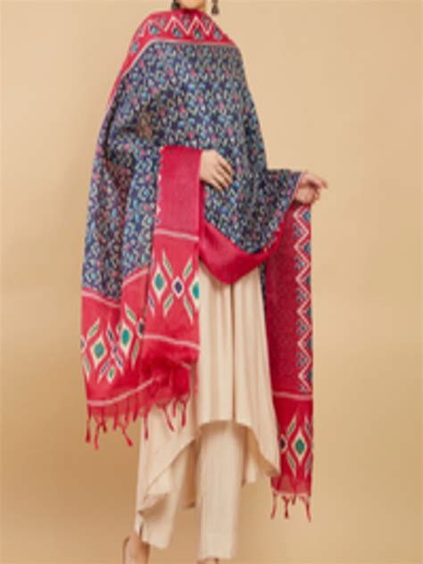 Buy Soch Navy Blue Pink Floral Printed Linen Dupatta Dupatta For