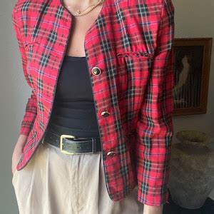 Vintage Cropped Red And Black Plaid Blazer With Gold And Black Buttons