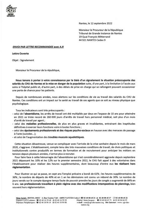 Courrier d alerte adressé au Procureur de la République CGT CHU Nantes