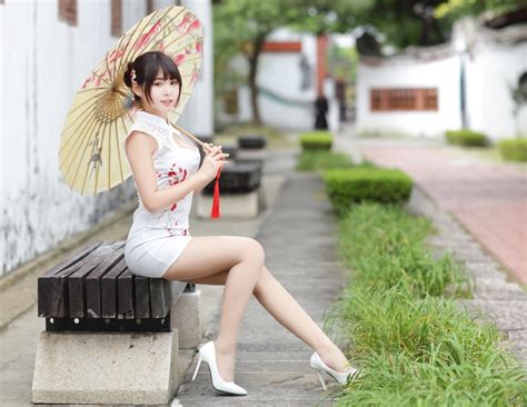 K Asian Bokeh Bench Side Brunette Girl Sitting Dress Hands