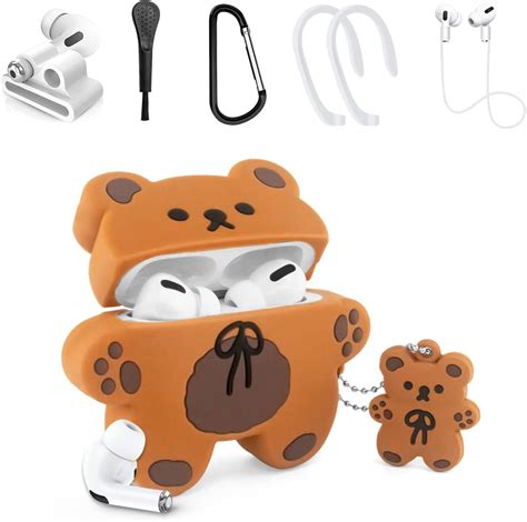 Buy Cute Airpods Pro Case With Bear Keychain 6in1 Accessories 3d Cartoon Biscuit Bear Skin