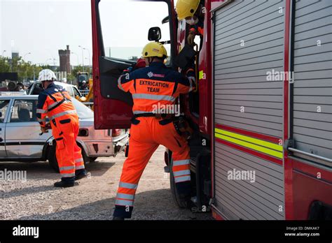 Firefighters Extrication Team Rta Rtc Car Crash Stock Photo Alamy