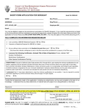 Fillable Online Cms Sbcounty Short Form Application For Sergeant