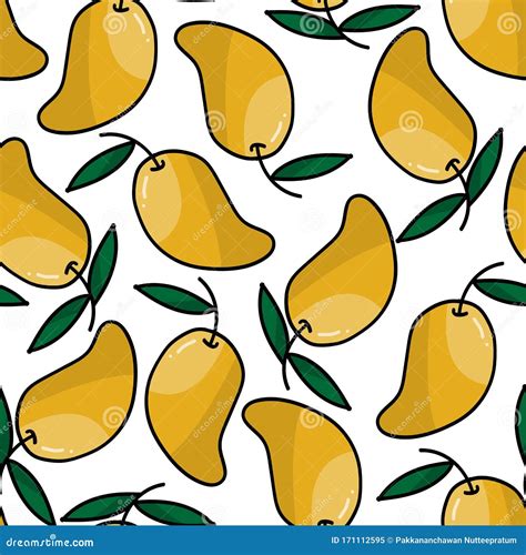 Seamless Pattern Of Cute Doodle Mango With Leaves Sweet Mango On White