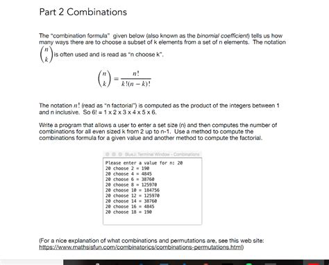 Solved Part 2 Combinations The "combination formula" given | Chegg.com