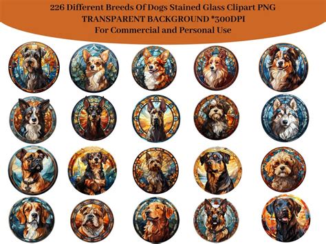 226 Unique Stained Glass Dog Breed Portraits Clipart PNG Bundle High-resolution Art for Dog ...