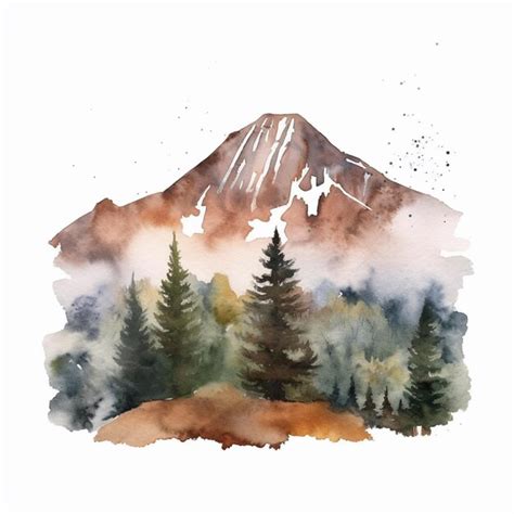 A watercolor drawing of a mountain with trees and a mountain in the ...