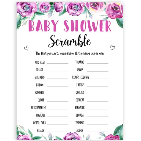 Baby Shower Word Scramble - Purple Peonies Printable Baby Shower Games ...