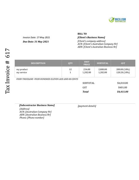 Free Subcontractor Invoice Template