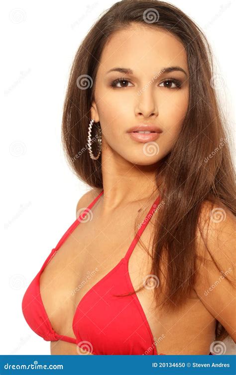 Pretty Brunette Woman In Red Bikini Top Stock Photo Image Of Pretty