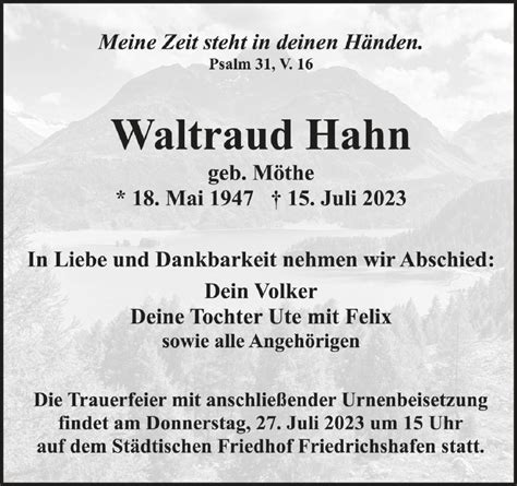 Traueranzeigen Von Waltraud Hahn Schwaebische De Trauerportal