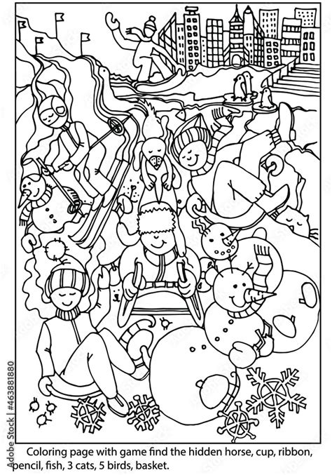 Find Hidden Objects Coloring Page With Outdoor Winter Activities For