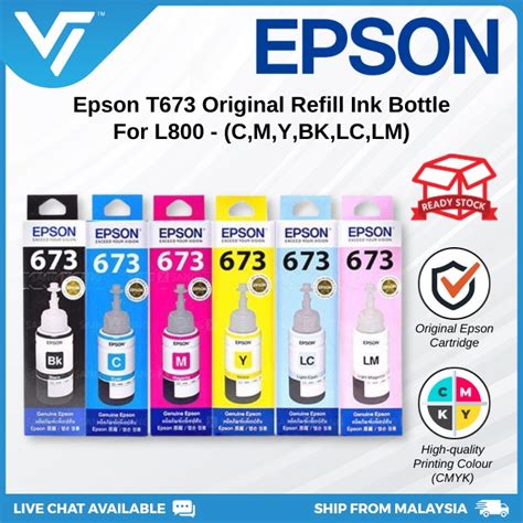 Original Epson T673 Refill Ink Bottle For L800 Printer Black Cyan