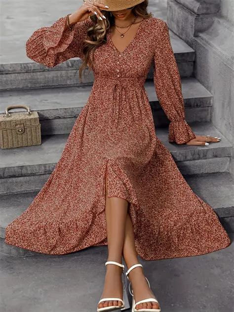 Casual Floral Print Dress V Neck Long Sleeve Dress Casual Every Day