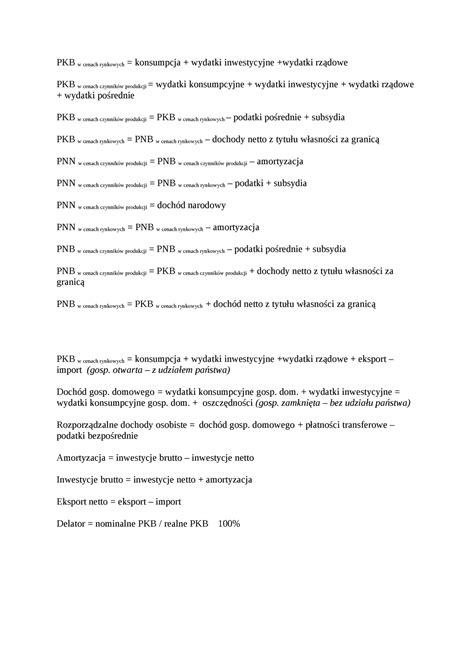 Notatek Pl Makroekonomia Wzory 1 PKB W Cenach Rynkowych Konsumpcja