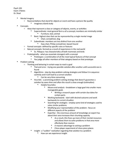 Psych Notes Exam 3 Psych 101 Exam 3 Notes Dr Shad Mental Imagery O