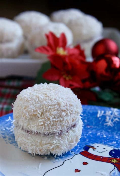 Scottish Snowballs Raspberry Jam Sandwich Cookies Dipped In Coconut