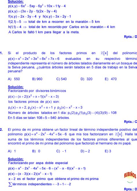 PRE SAN MARCOS ALGEBRA SEMANA 10 SOLUCIONARIO ADMISIÓN A LA UNIVERSIDAD