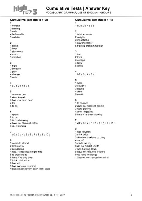 High Note 3 AK Cumulative Tests B Cumulative Tests Answer Key