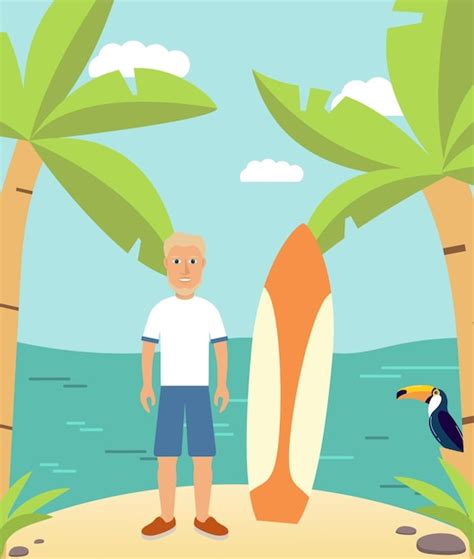 Premium Vector A Man Stands On A Beach With A Surfboard