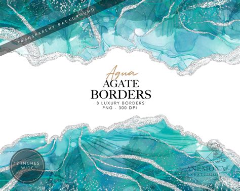 Aqua Agate Borders Clipart Aqua Watercolor Geode Clipart Silver