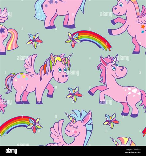 Pastel Colored Vector Hand Drawn Unicorns Seamless Pattern Background