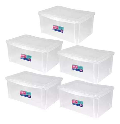 Organizador Plástico 65l Tampa Transparente Ordene Kit 5 Cor Cristal