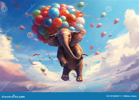 Elephant Flying With Balloons In The Sky D Illustration Elephant