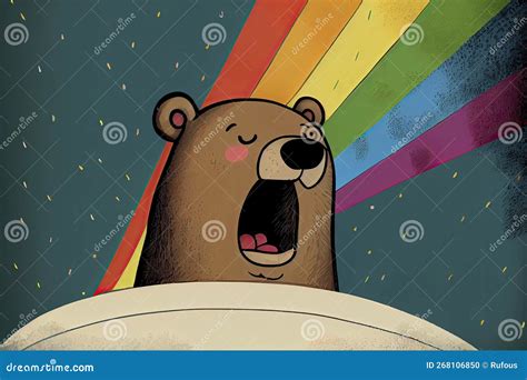 Cartoon Of A Bored Bear Yawning With A Rainbow Coming Out Of It`s Mouth