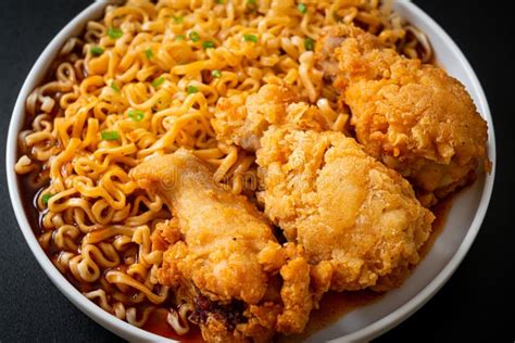 Korean Instant Noodles With Fried Chicken Or Fried Chicken Ramyeon