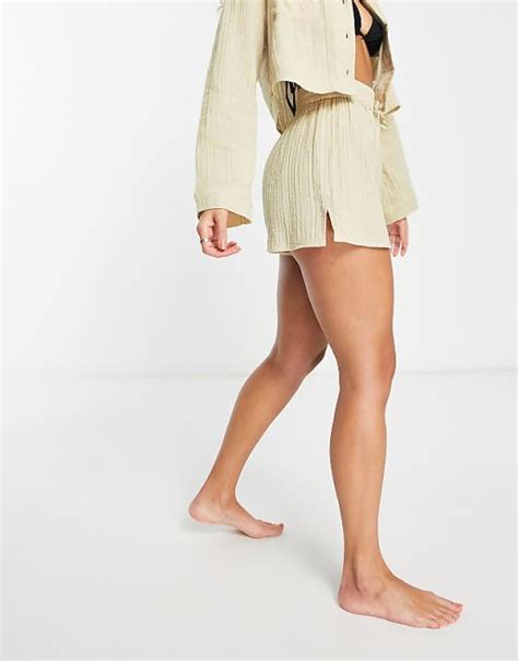 Asos Design Pocket Beach Short Co Ord In Double Gauze In Oatmeal Asos