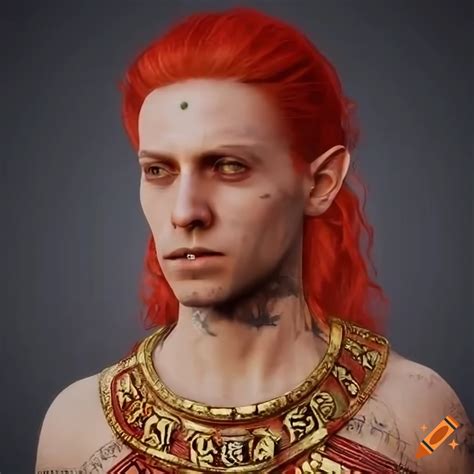 Portrait Of Red Haired Elf Religious Man With Golden Trident Cross