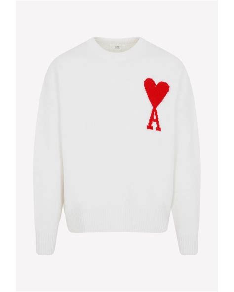 Ami Wool Crewneck Knitted Sweater With Signature Motif In White For Men