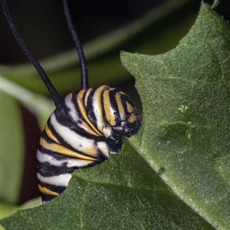 Larvas De Lagarta Da Borboleta Monarca Danvae Danaus Plexippus Comendo