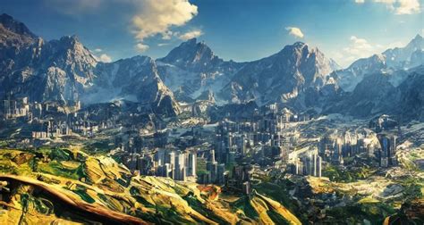 A View Of A Futuristic City On Beautiful Mountain Stable Diffusion