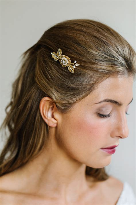 Gold Rose Flower Wedding Hair Pins Crystal Pearl Lace Bridal Bobby