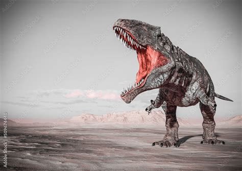 Giganotosaurus Is Doing A Intimidating Pose On Sunset Desert With Copy Space Stock Illustration